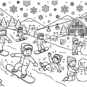 スノーボードの無料塗り絵イラスト（知育・高齢者レク用）