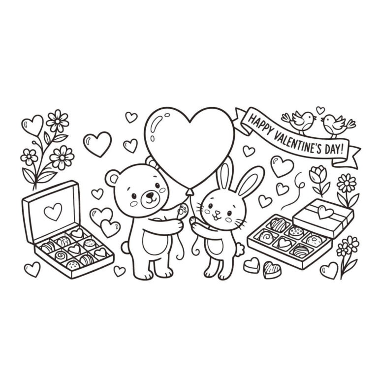 バレンタインデーの無料塗り絵イラスト（知育・高齢者レク用）