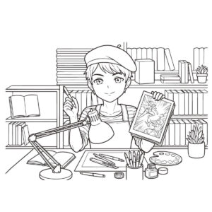 漫画家　男の子の無料塗り絵イラスト（知育・高齢者レク用）