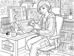 漫画家　女の子２の無料塗り絵イラスト（知育・高齢者レク用）