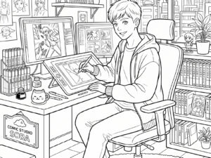 漫画家　男の子２の無料塗り絵イラスト（知育・高齢者レク用）