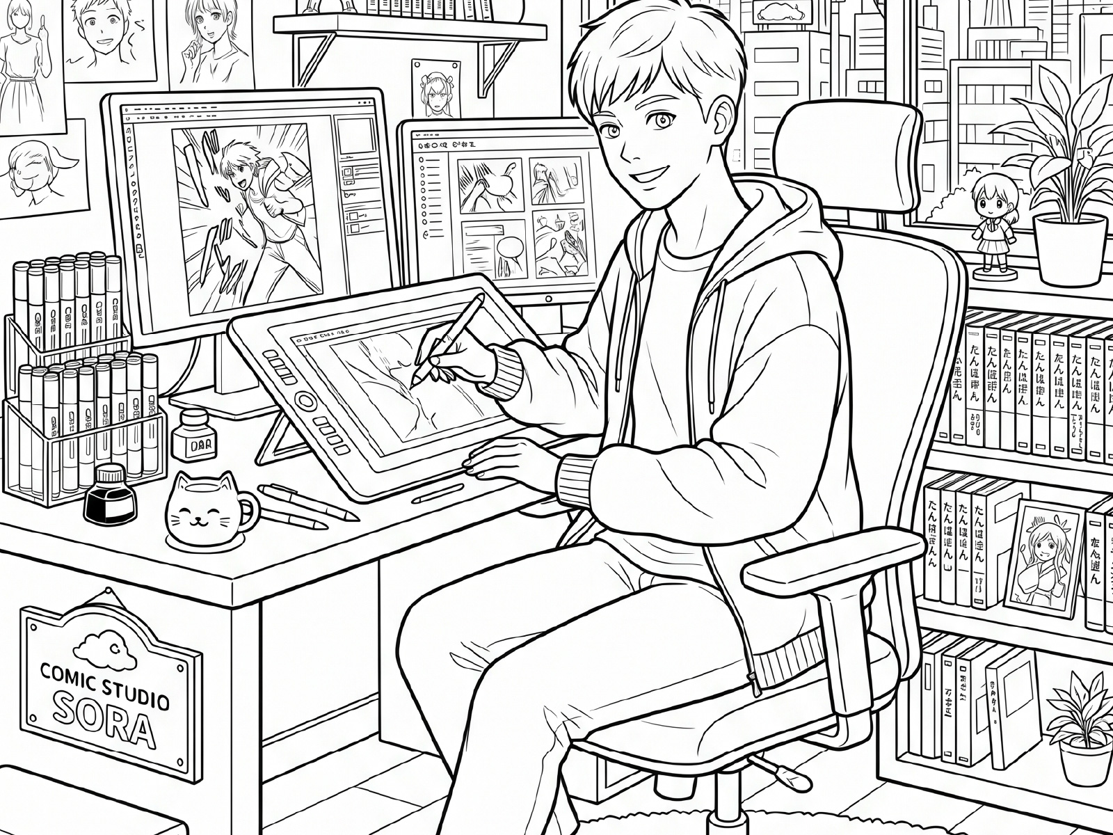 漫画家　男の子２の無料塗り絵イラスト（知育・高齢者レク用）