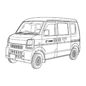郵便車や宅配トラックの無料塗り絵イラスト（知育・高齢者レク用）