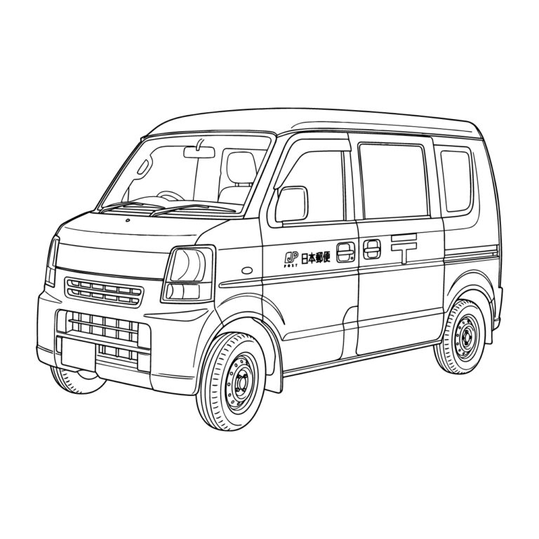 郵便車や宅配トラックの無料塗り絵イラスト（知育・高齢者レク用）