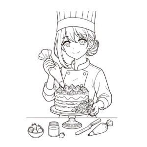 女の子　ケーキの無料塗り絵イラスト（知育・高齢者レク用）