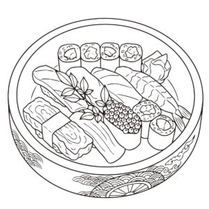 寿司桶のお寿司の無料塗り絵イラスト（知育・高齢者レク用）