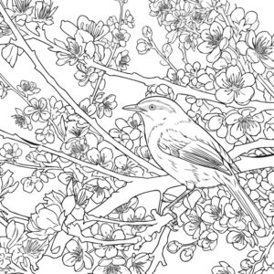 ウグイスと梅の無料塗り絵イラスト（知育・高齢者レク用）