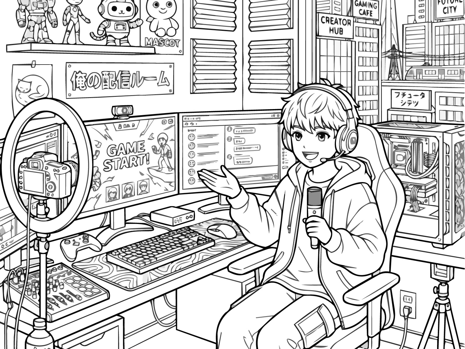 YouTuber　男の子２の無料塗り絵イラスト（知育・高齢者レク用）