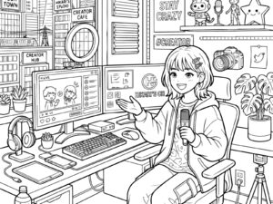 YouTuber　女の子２の無料塗り絵イラスト（知育・高齢者レク用）