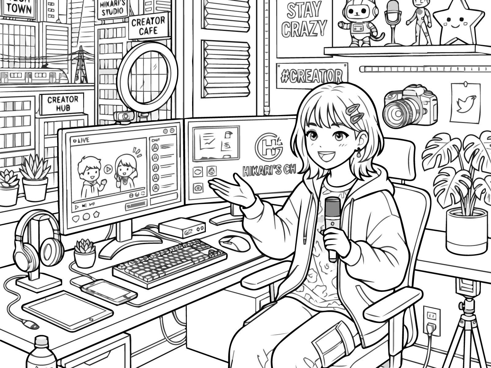 YouTuber(ユーチューバー) / 配信者の無料塗り絵イラスト（知育・高齢者レク用）