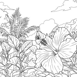 ハイビスカスと海の無料塗り絵イラスト（知育・高齢者レク用）
