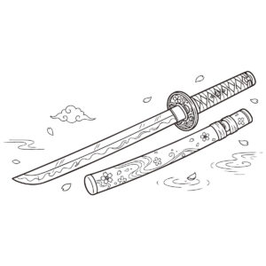 Free printable Japanese traditional pattern katana coloring page