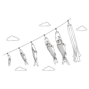 横並びの鯉のぼりの無料塗り絵イラスト（知育・高齢者レク用）