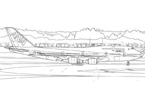 ANA ボーイング747-400 滑走路の無料塗り絵イラスト（知育・高齢者レク用）