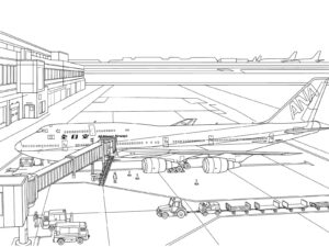 ボーイング747 (ジャンボジェット)の無料塗り絵イラスト（知育・高齢者レク用）