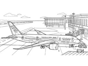 Free printable ANA Boeing 787 connected to a boarding bridge coloring page