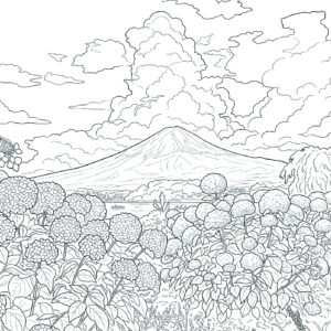 紫陽花と富士山の無料塗り絵イラスト（知育・高齢者レク用）