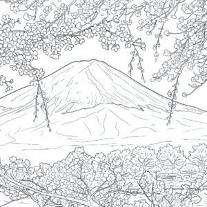 桜と富士山の無料塗り絵イラスト（知育・高齢者レク用）