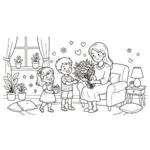 母の日　男の子と女の子の無料塗り絵イラスト（知育・高齢者レク用）