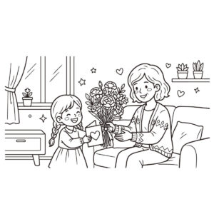 母の日　女の子の無料塗り絵イラスト（知育・高齢者レク用）
