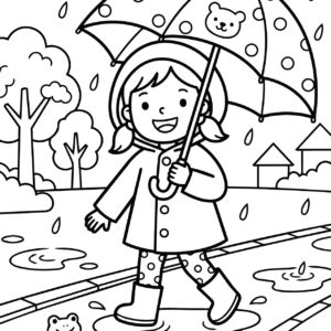 子供と傘の無料塗り絵イラスト（知育・高齢者レク用）