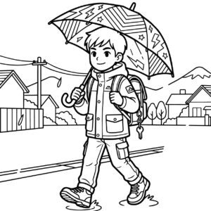 小学生と傘の無料塗り絵イラスト（知育・高齢者レク用）
