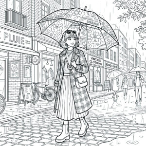 女性と傘の無料塗り絵イラスト（知育・高齢者レク用）
