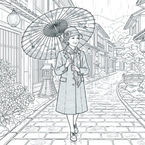 婦人と和傘の無料塗り絵イラスト（知育・高齢者レク用）