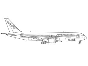 ボーイング767の無料塗り絵イラスト（知育・高齢者レク用）