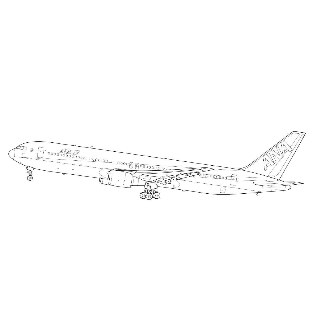 ANA ボーイング767の無料塗り絵イラスト（知育・高齢者レク用）