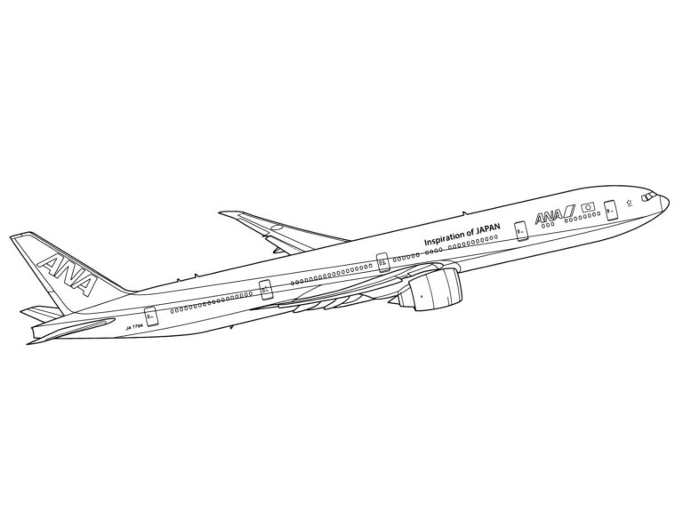 ボーイング777の無料塗り絵イラスト（知育・高齢者レク用）