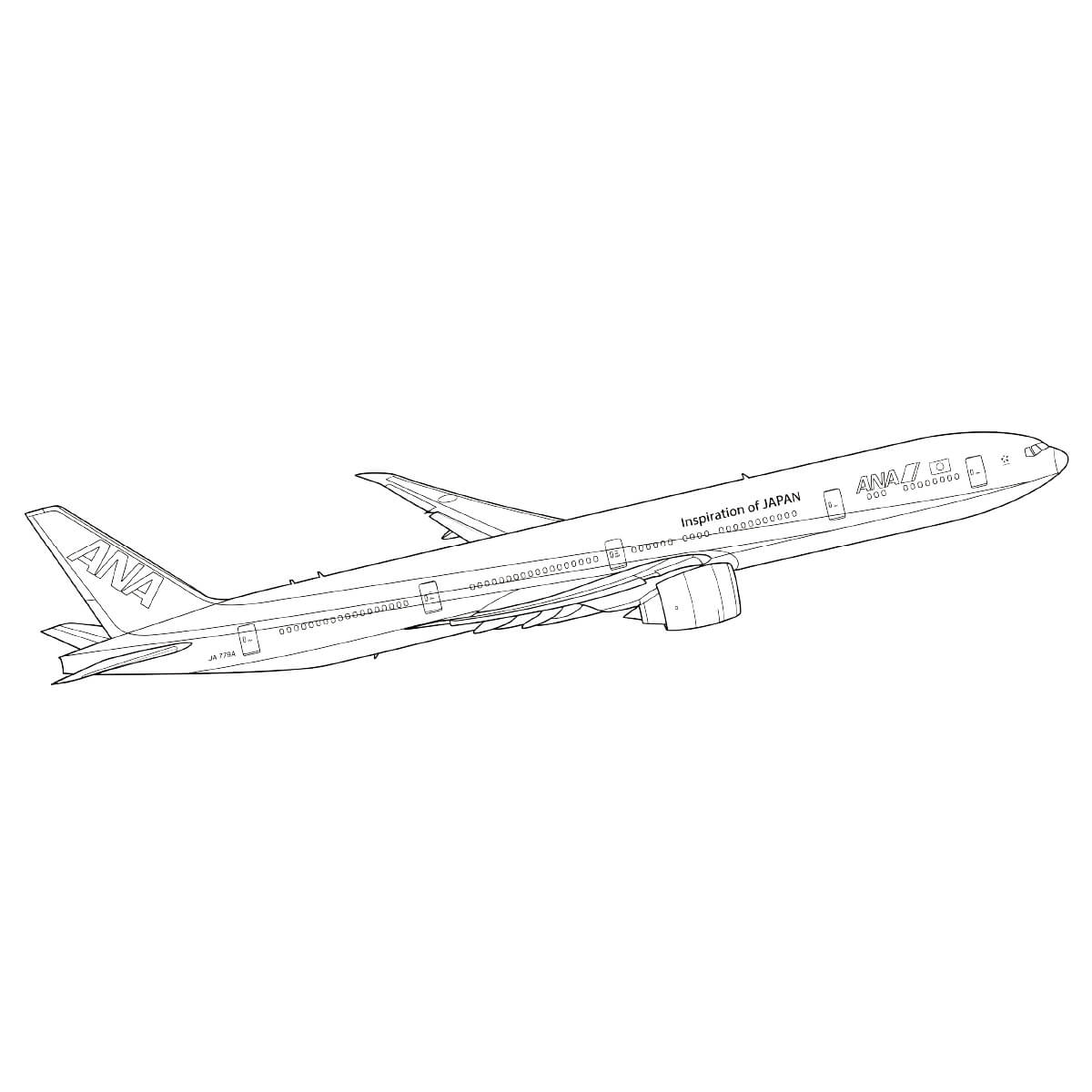 ボーイング777の無料塗り絵イラスト（知育・高齢者レク用）