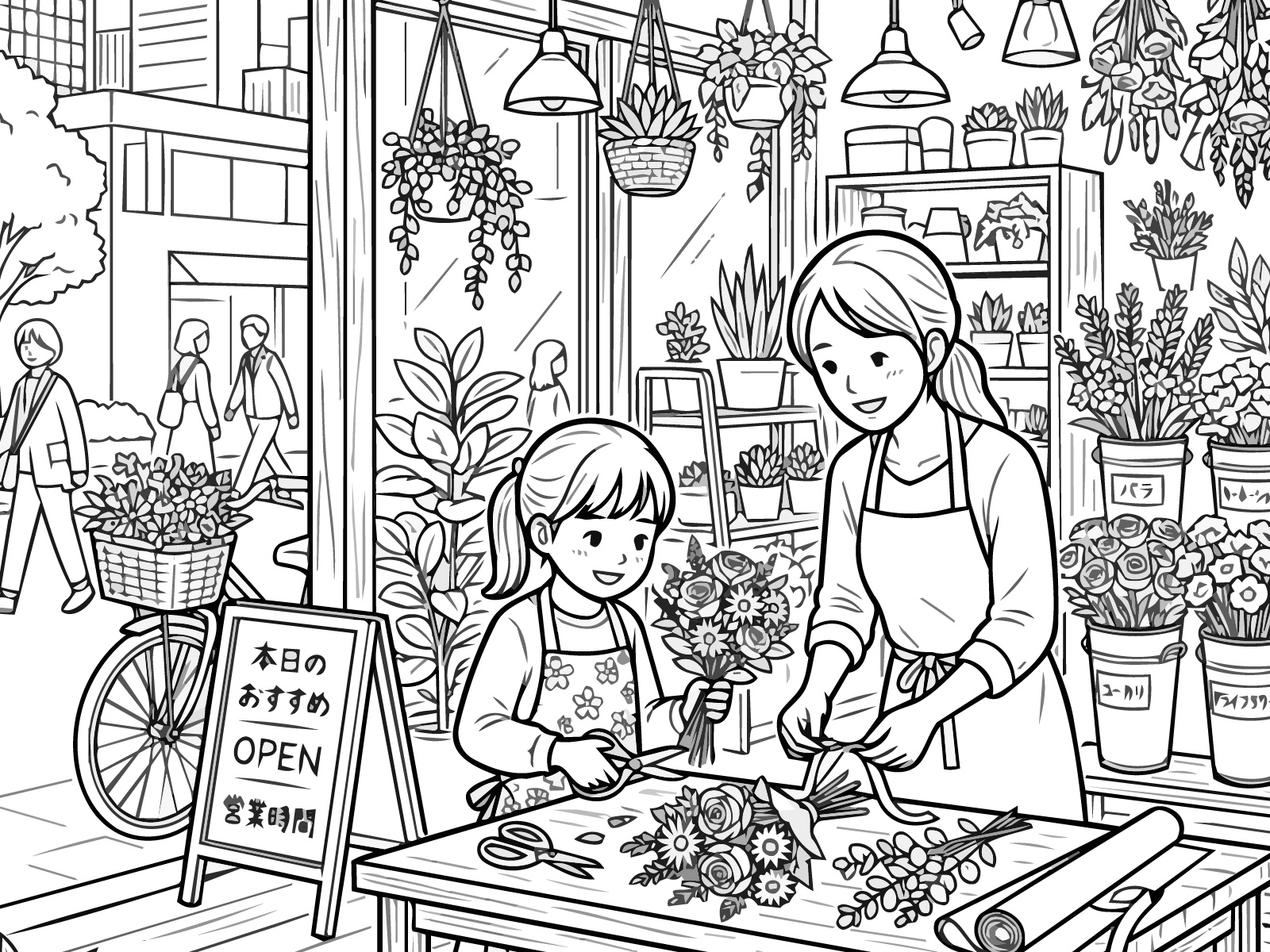 花屋の無料塗り絵イラスト（知育・高齢者レク用）