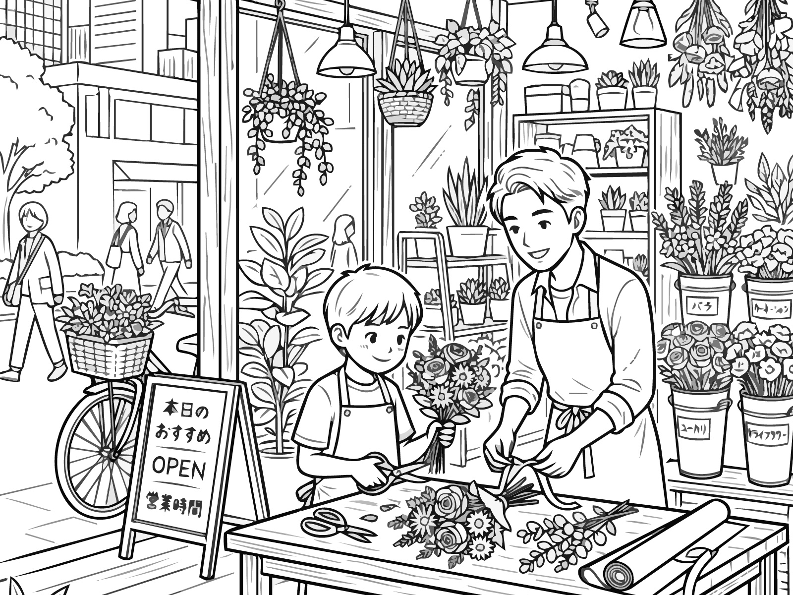 花屋の無料塗り絵イラスト（知育・高齢者レク用）