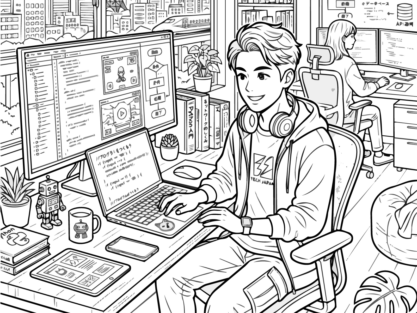 システムエンジニアの無料塗り絵イラスト（知育・高齢者レク用）