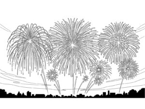 花火 建物の背景つきの無料塗り絵イラスト（知育・高齢者レク用）