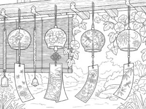 風鈴 背景ありの無料塗り絵イラスト（知育・高齢者レク用）