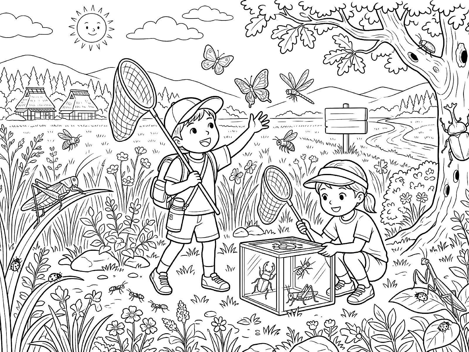 虫取りの無料塗り絵イラスト（知育・高齢者レク用）