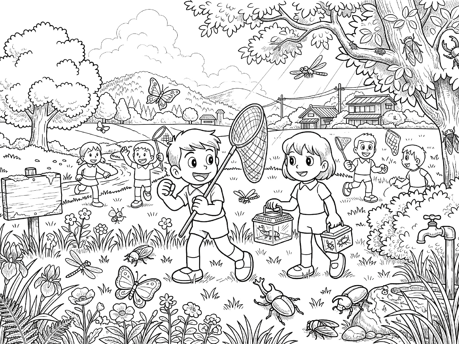 虫取り２の無料塗り絵イラスト（知育・高齢者レク用）