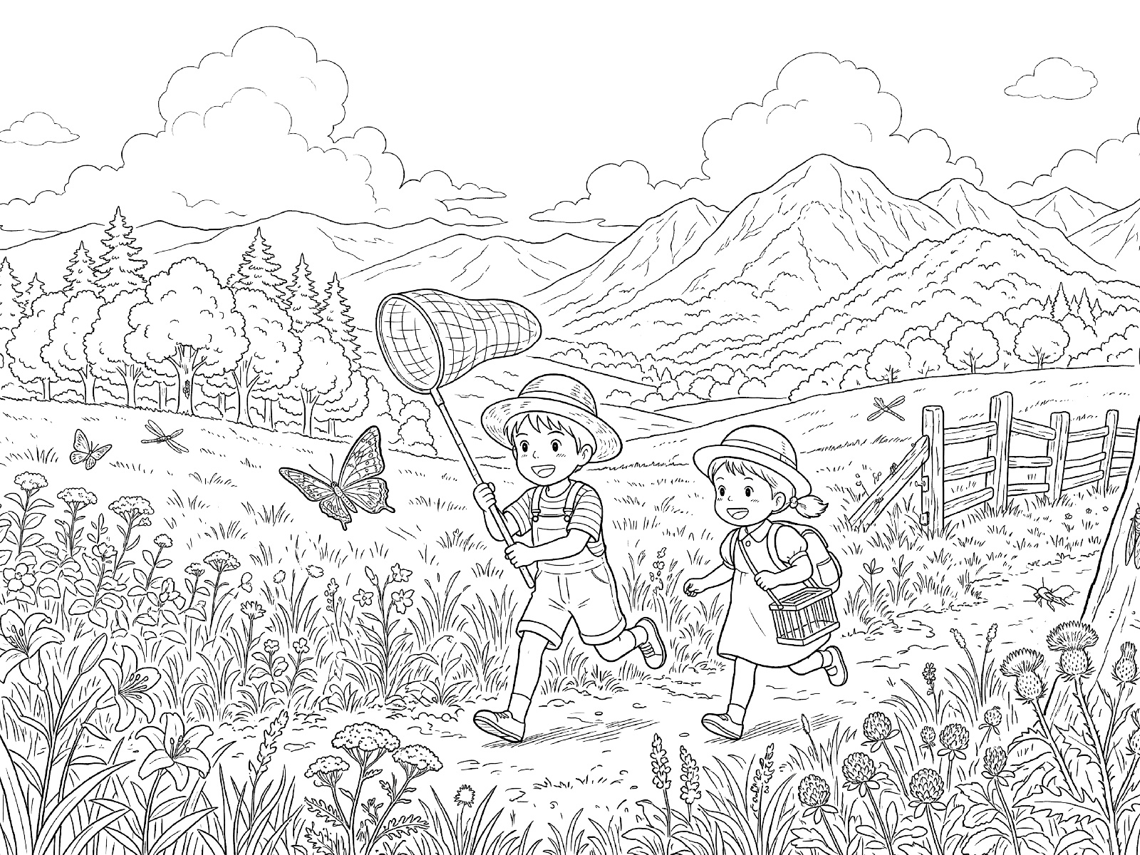 虫取り４の無料塗り絵イラスト（知育・高齢者レク用）