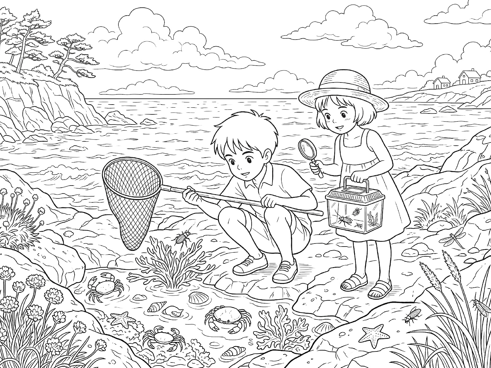 虫取りの無料塗り絵イラスト（知育・高齢者レク用）