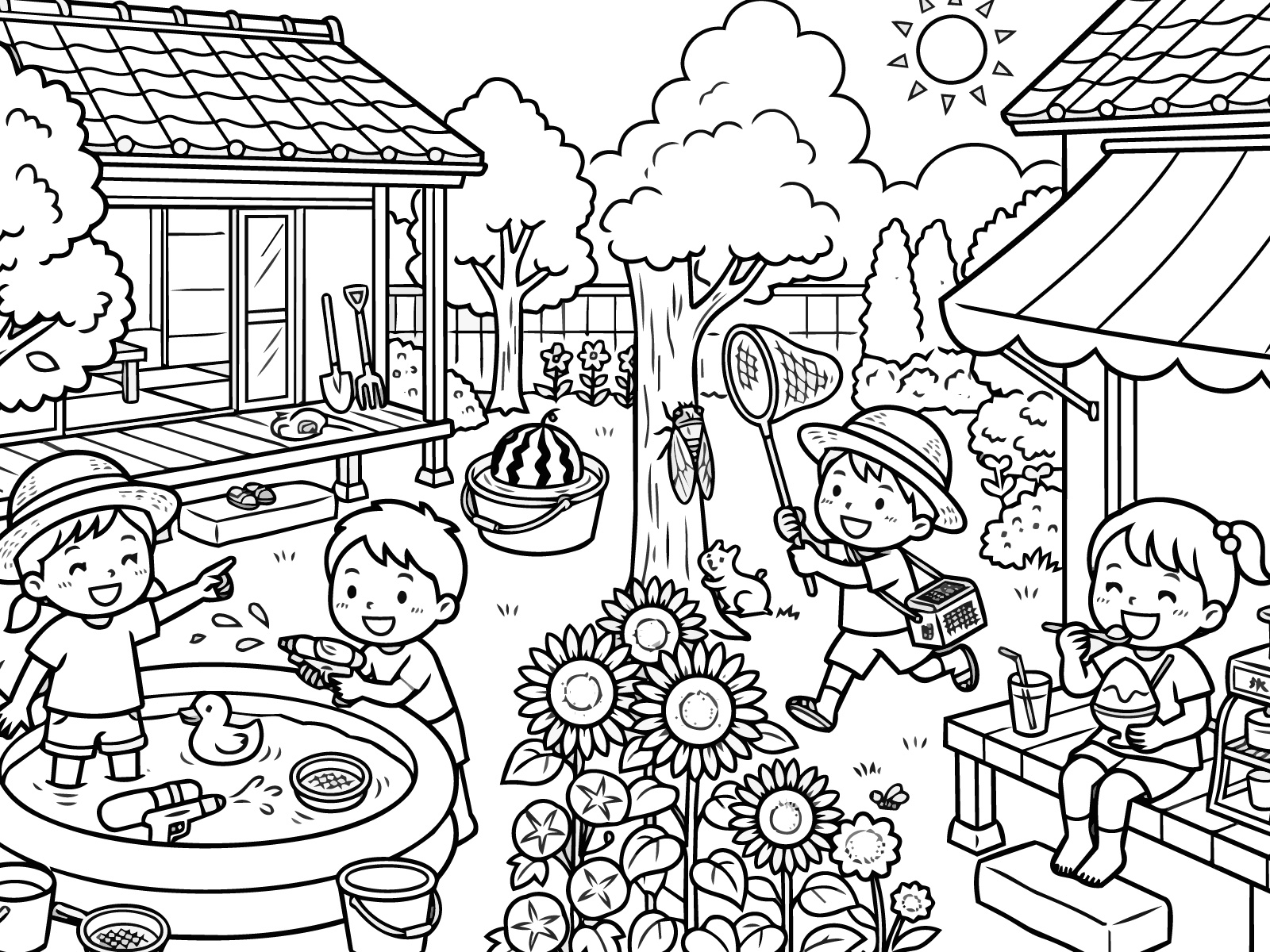夏休みの無料塗り絵イラスト（知育・高齢者レク用）
