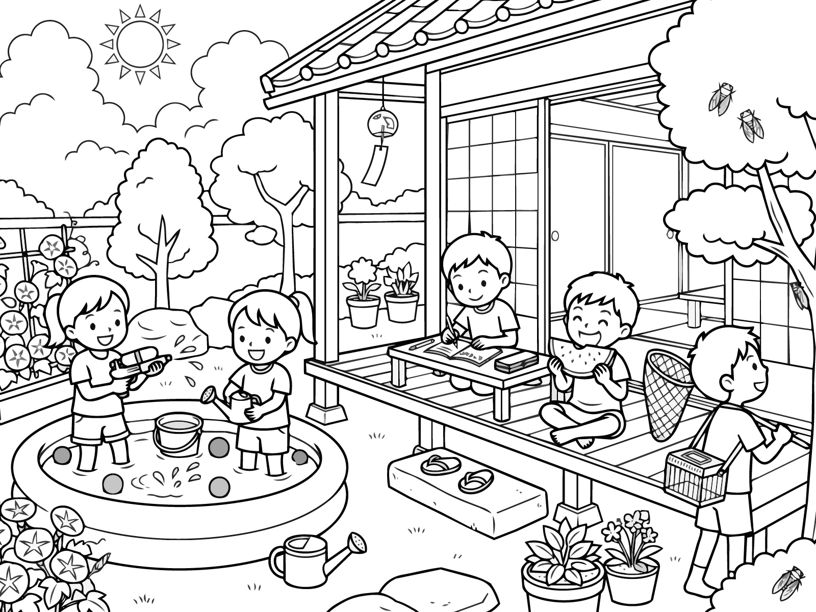 小学生の夏休みの無料塗り絵イラスト（知育・高齢者レク用）
