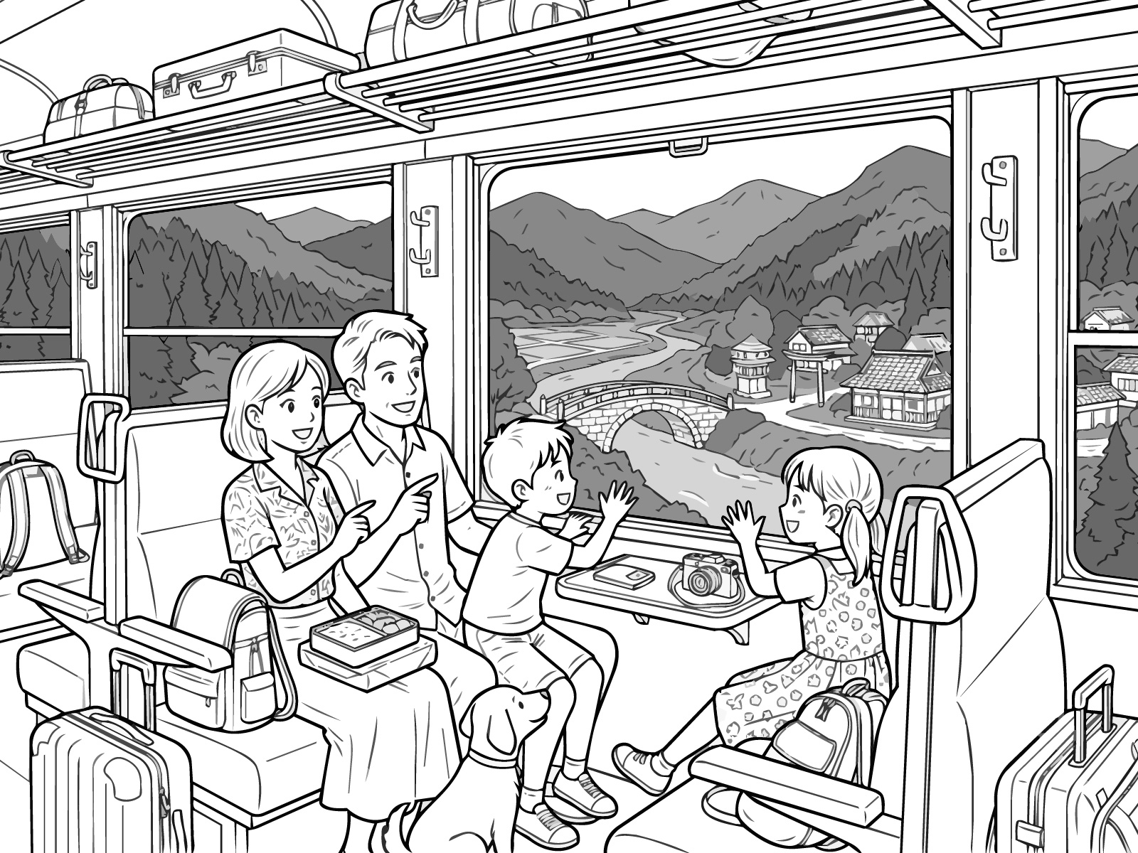 夏休みの旅行の無料塗り絵イラスト（知育・高齢者レク用）
