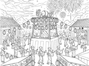 夏休みのお祭りの無料塗り絵イラスト（知育・高齢者レク用）