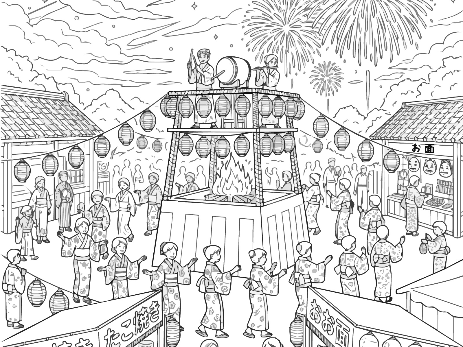 夏休みのお祭りの無料塗り絵イラスト（知育・高齢者レク用）