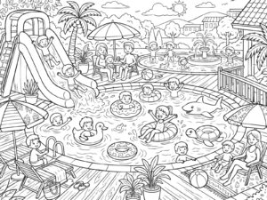 夏休みのプールの無料塗り絵イラスト（知育・高齢者レク用）