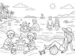 夏休みの海水浴の無料塗り絵イラスト（知育・高齢者レク用）