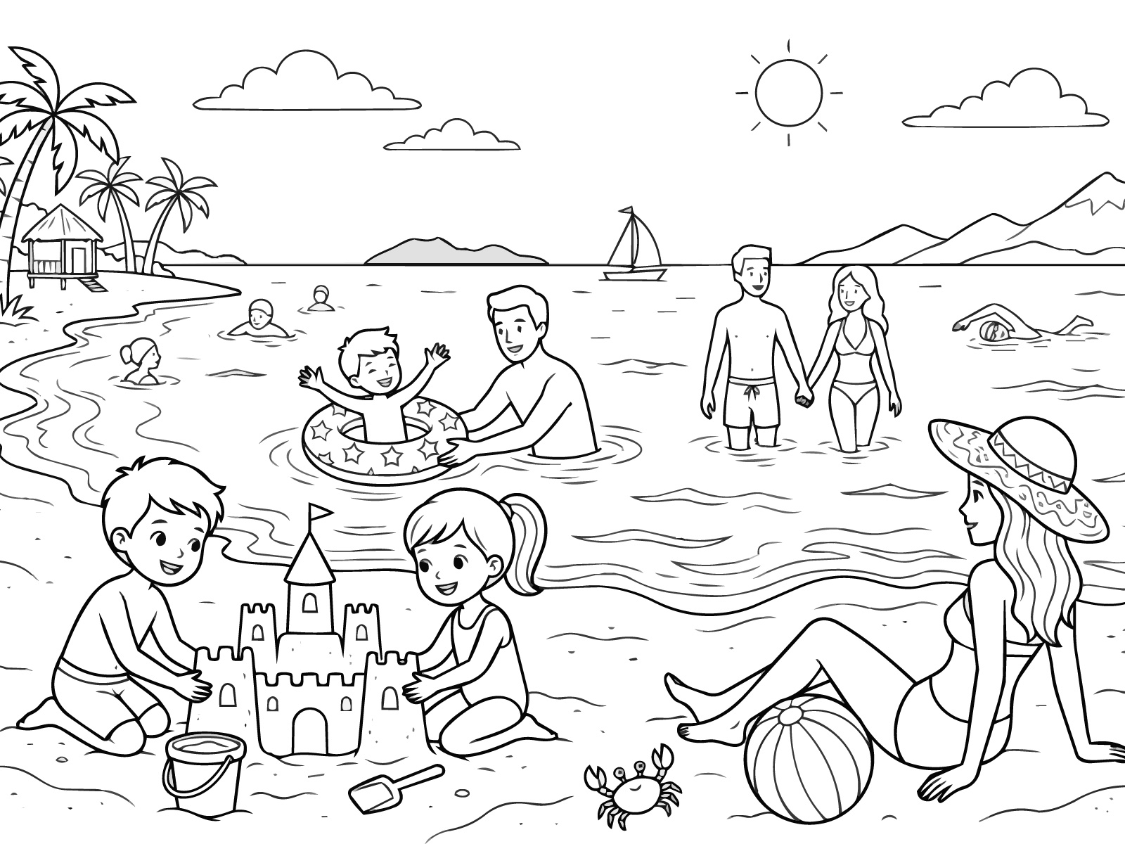 夏休みの海水浴の無料塗り絵イラスト（知育・高齢者レク用）