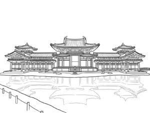 平等院鳳凰堂 阿字池の無料塗り絵イラスト（知育・高齢者レク用）